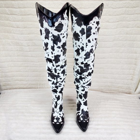Western White & Black Cow Print OTK Thigh High Slouch Cowboy Boots - Picture 5 of 13